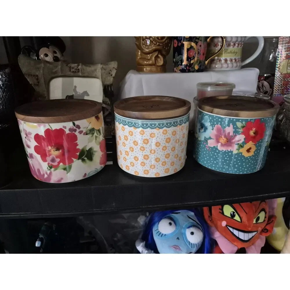 💥 Pioneer Woman Floral Medley Stacking 3-Piece Stoneware Canister Set w/Lids